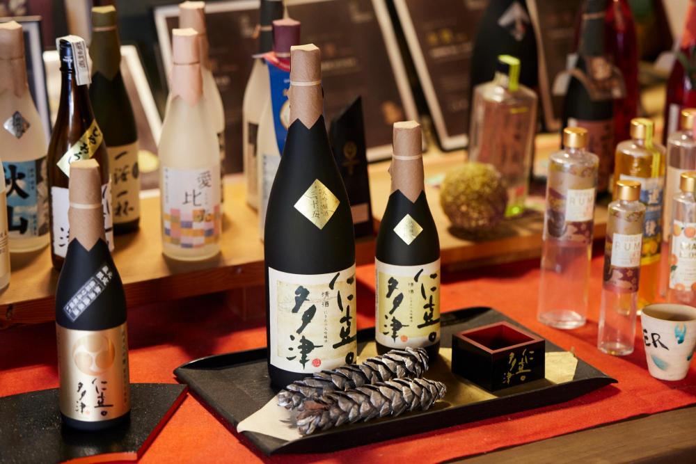 Sake and spirits on display at a Dogo brewery