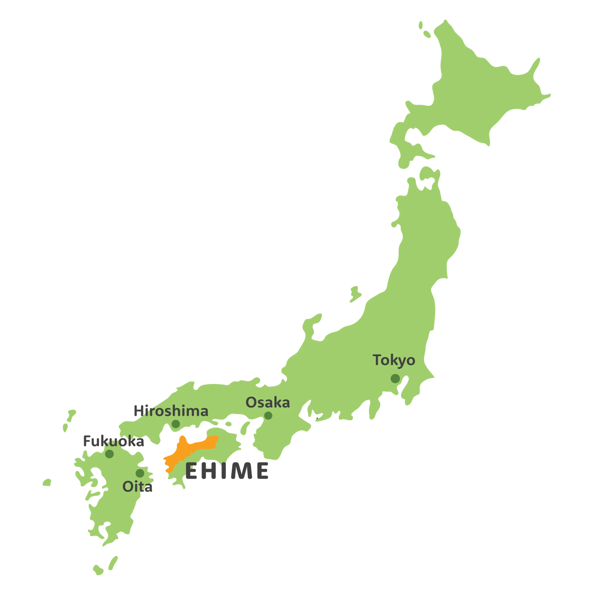 Locator map showing Ehime Prefecture highlighted in orange on the island of Shikoku, Japan